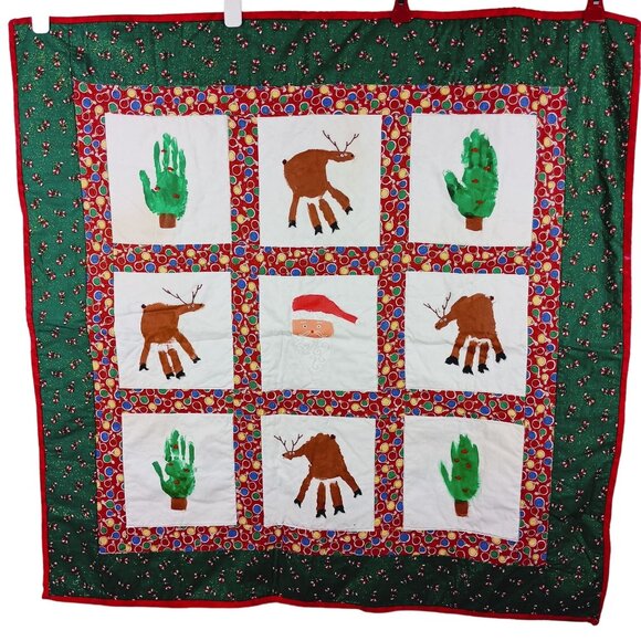 Handmade Christmas Lap Quilt Blanket With Handprint Designs Holiday Keepsake - Picture 1 of 10